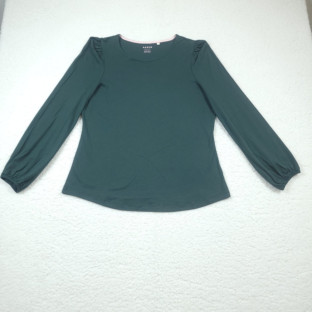 Boden Puff Shoulder Top Women Size 14 Dark Green Cotton Modal Long Sleeve J0847 - Picture 1 of 8